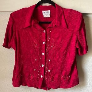 Vintage K Studio red cropped short sleeve button blouse with open back